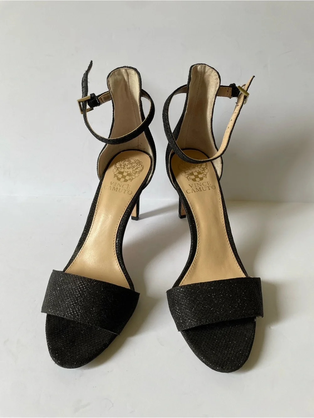 Elegant Vince Camuto Black Sparkle Evening Formal Heels Ankle Strat Sandals Sz 7
